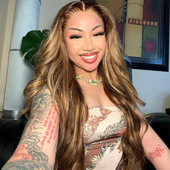 Highlight Honey Blonde TP4/27 Wavy 13x4  Lace Front Glueless Wig