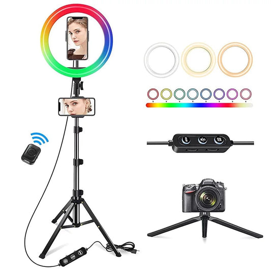 13" LED RGB Selfie Ring Light W/ Mini & Extendable Tripod Stand & Phone Holder 10 Brightness Level 26 Light Modes Dimmable Ringlight for Beauty Makeup Live Streaming Youtube Video Photography Shooting - Healthier Me Beauty, LLC