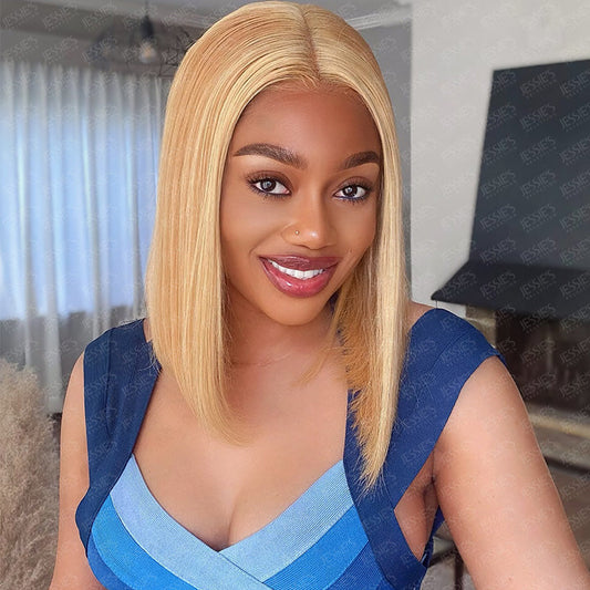 Blonde Bob Highlights P27/613 Short Bob Straight 13x4 Pre Cut Lace Front  Wig Glueless Wig
