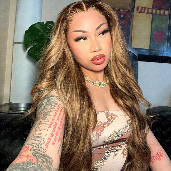 Highlight Honey Blonde TP4/27 Wavy 13x4  Lace Front Glueless Wig