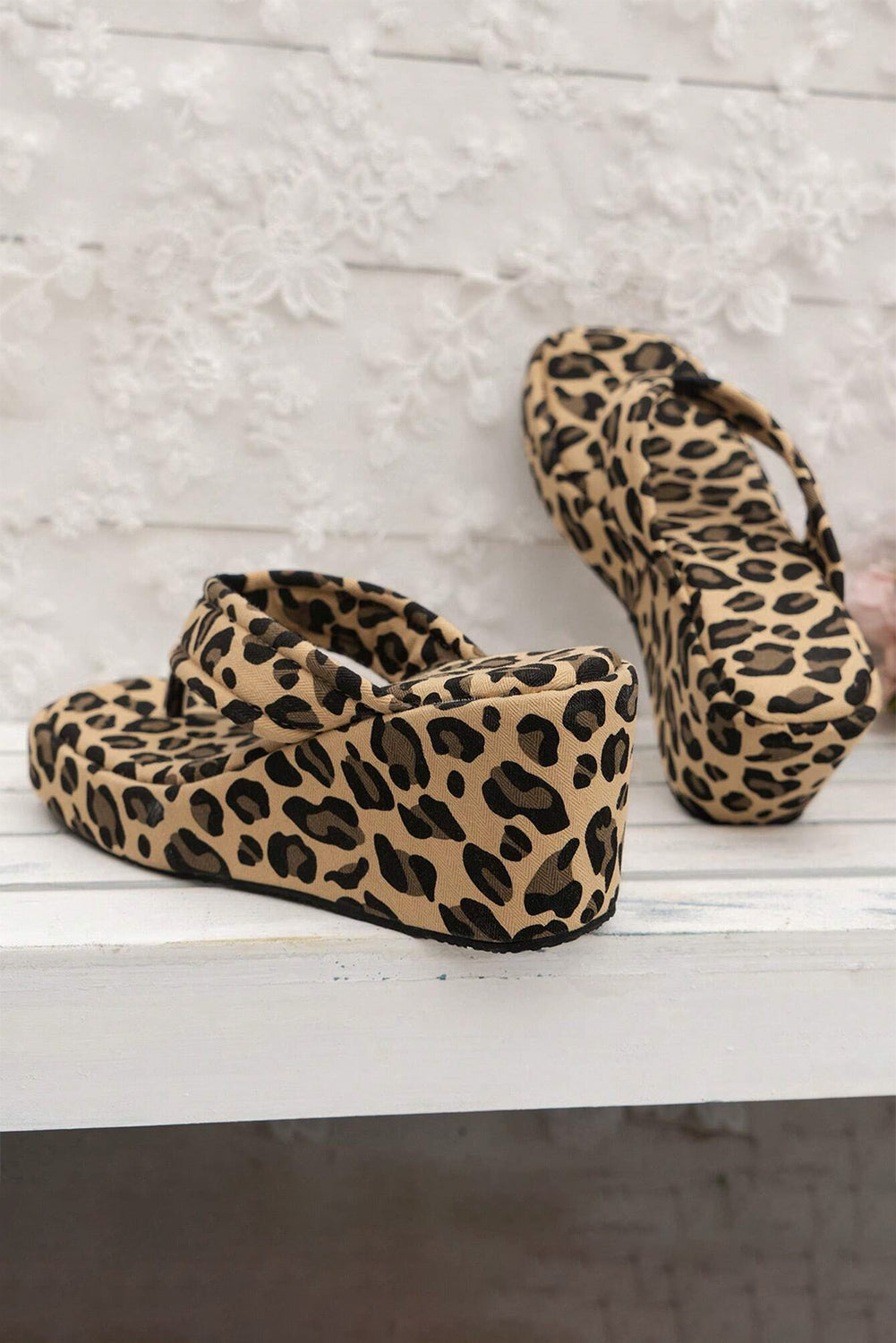 Light French Beige Leopard Platform Wedge Flip Flops