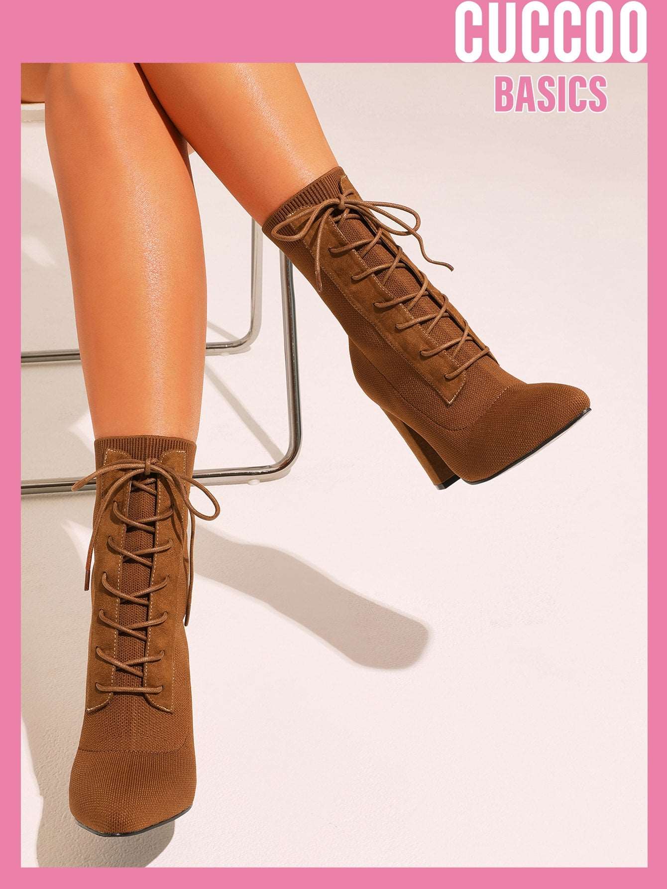 CUCCOO Basic Knit Detail Point Toe Lace up Front Chunky Sock Boots