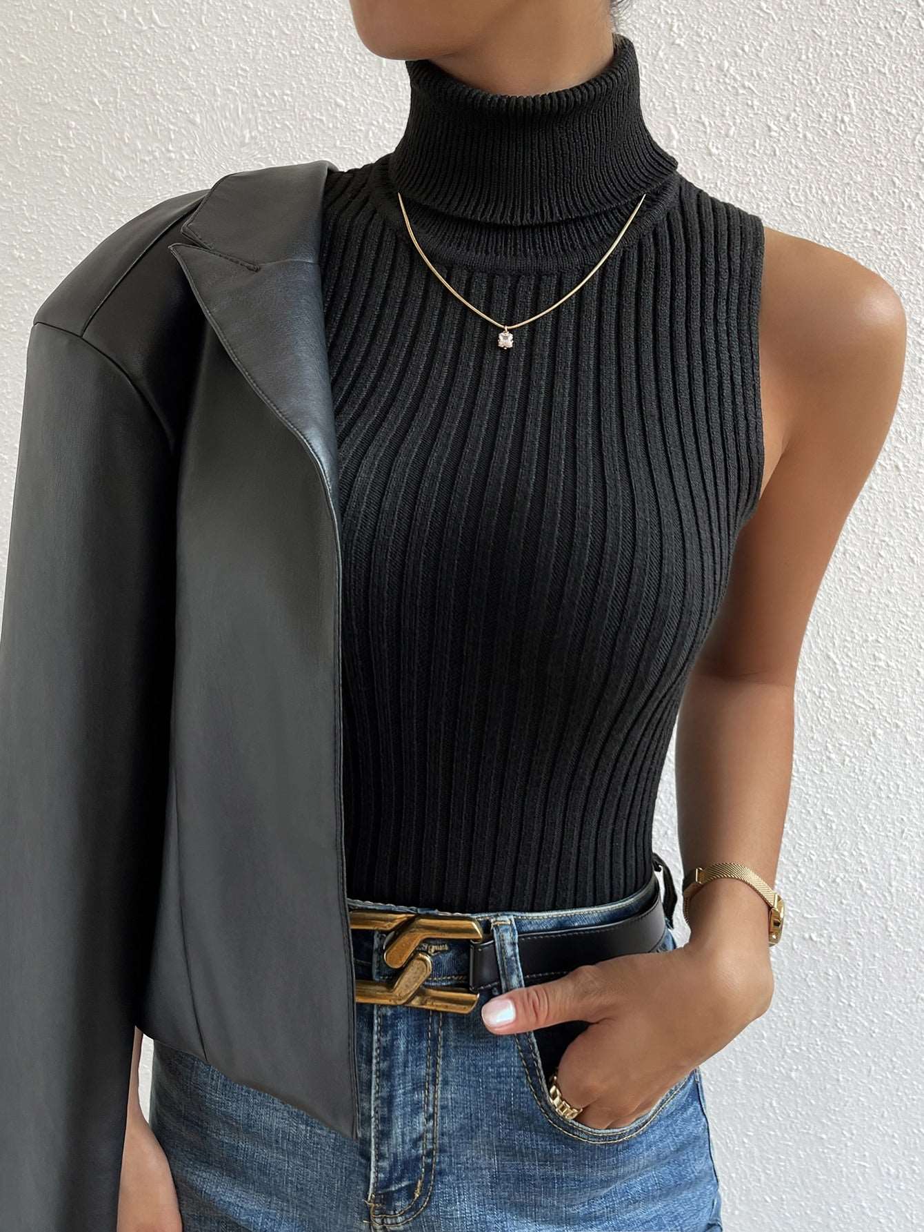 Frenchy Turtle Neck Ribbed Knit Top