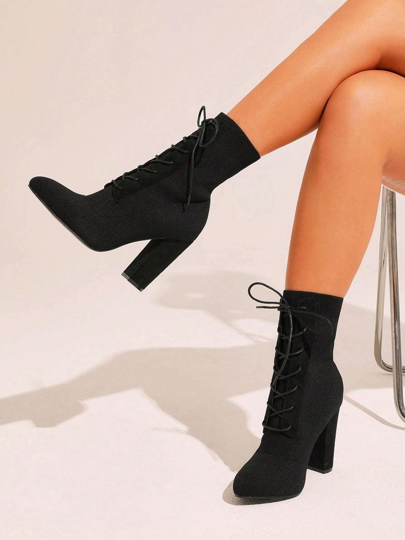CUCCOO Basic Knit Detail Point Toe Lace up Front Chunky Sock Boots