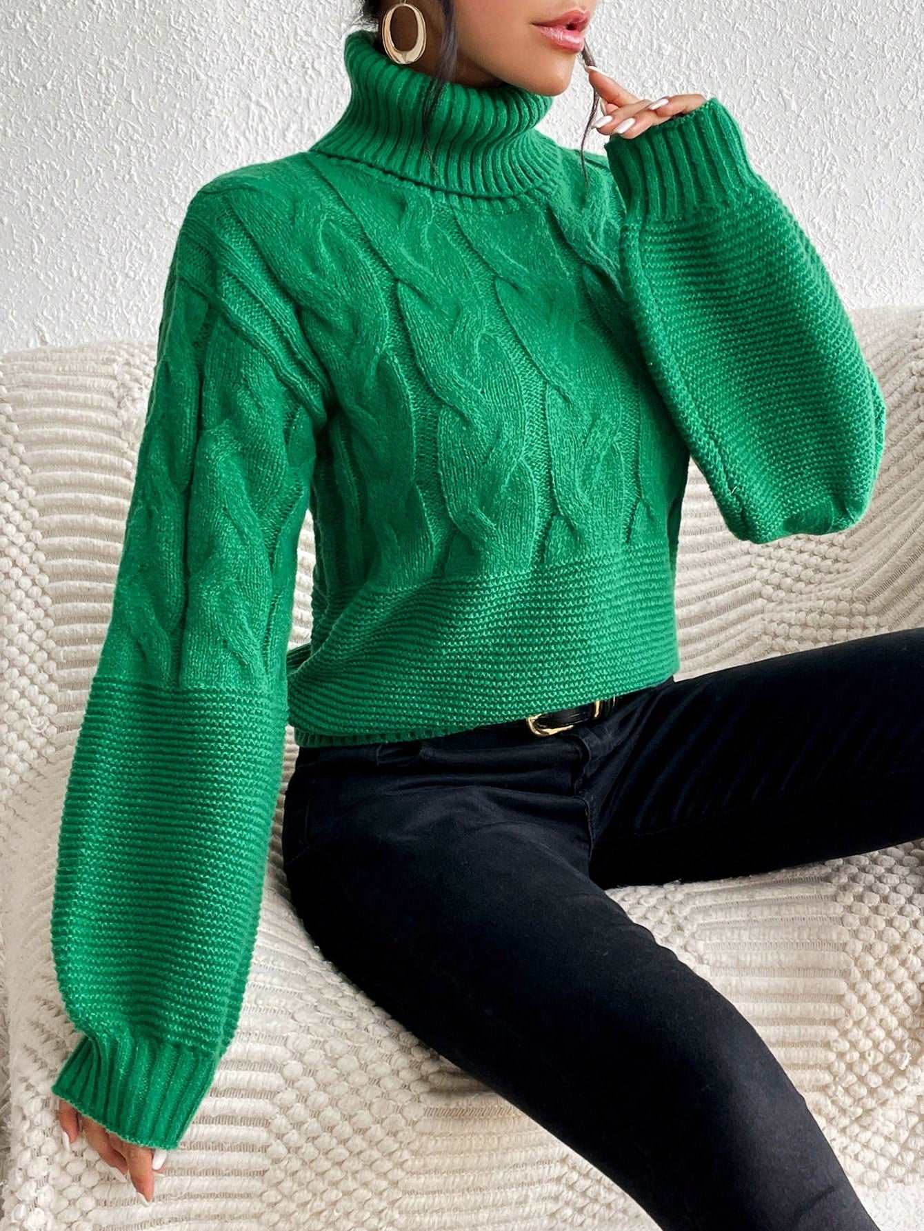 Essnce Turtleneck Cable Knit Drop Shoulder Sweater