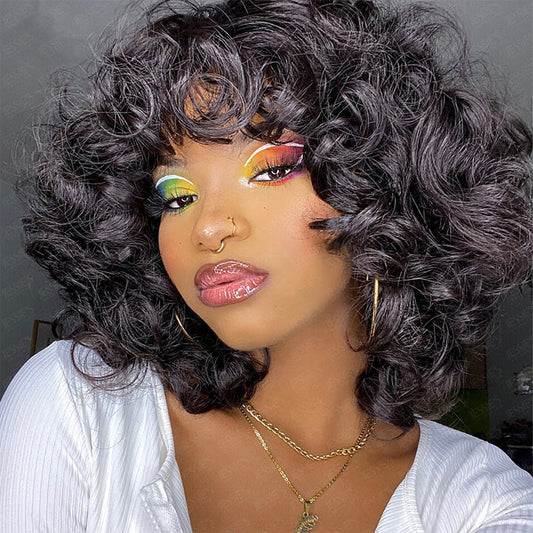 Double Drawn Rose Curly Wig With Bangs Fluffy Bouncy Curly Bob Wig