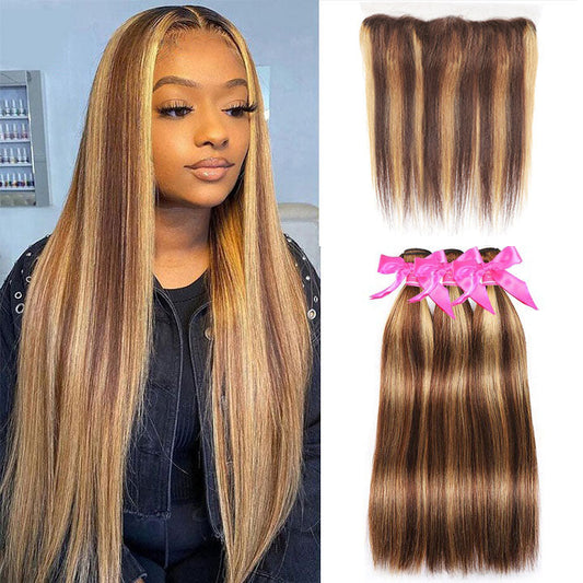 Highlight Brown Straight Bundles With Frontal Ombre Honey Blonde Brazilian Hair