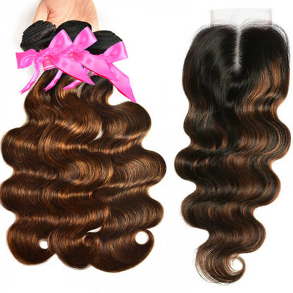 Brown Balayage Color Brazilian Body Wave Hair With Closure 3 Bundles With Closure