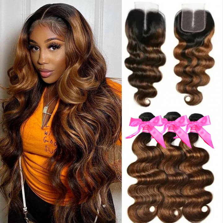 Brown Balayage Color Brazilian Body Wave Hair With Closure 3 Bundles With Closure