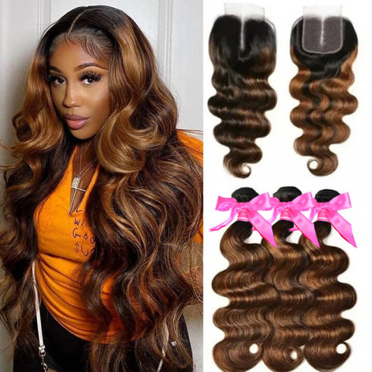 Brown Balayage Color Brazilian Body Wave Hair With Closure 3 Bundles With Closure