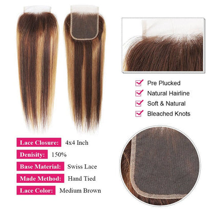 Highlight Brown Straight Frontal Honey Blonde 4x4 Lace Closure Brazilian Straight Hair 13x4 Lace Frontal Ombre Colored 100% Remy Human Hair