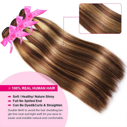 Highlight Brown Straight Bundles With Frontal Ombre Honey Blonde Brazilian Hair