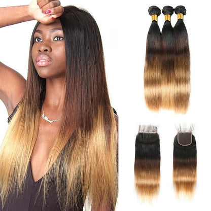 Blonde Human Hair Bundles With Closure 3 Bundles With Lace Closure T1B/4/27 Ombre Blonde Brazilian Straight Hair