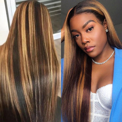 Highlight Brown Straight Frontal Honey Blonde 4x4 Lace Closure Brazilian Straight Hair 13x4 Lace Frontal Ombre Colored 100% Remy Human Hair