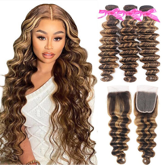 Highlight Brown Honey P4/27 Loose Deep Wave Hair 3 Bundles With Closure Human Hair
