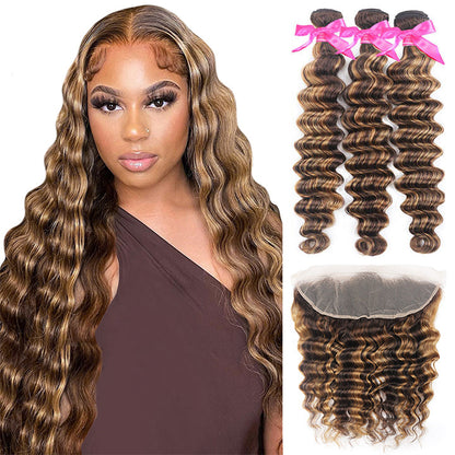 P4/27 Highlight Brown Honey Loose Deep Wave Hair 3 Bundles With 13x4 Lace Frontal Human Hair