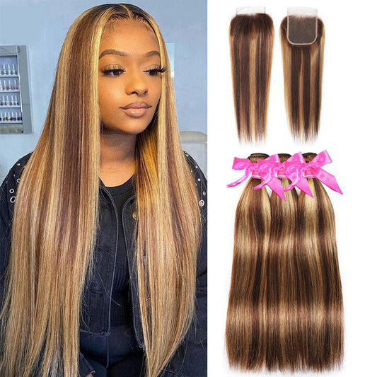 Highlight Brown Bundles With Closure Ombre Honey Blonde Straight Human Hair