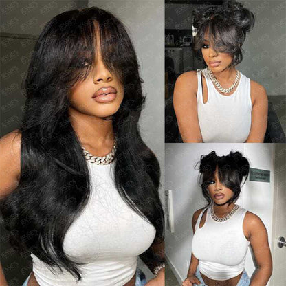 Face-Framing Curtain Bangs Wavy Wig 6x5 Ready To Go Glueless Lace Wig Pre Cut Lace
