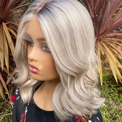 Platinum Ash Blonde Shoulder Wavy Human Hair Bob Wigs Lace Front Wig 13x6 Preplucked Wig