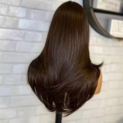 Chocolate Brown Layers Curtain Bangs Straight 9x6 Pre Cut Lace Wig