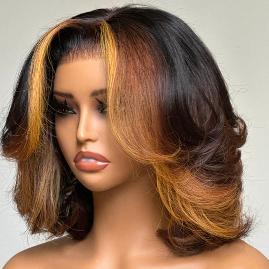 Honey Blonde Highlights Layered Cut Bob Lace Wig