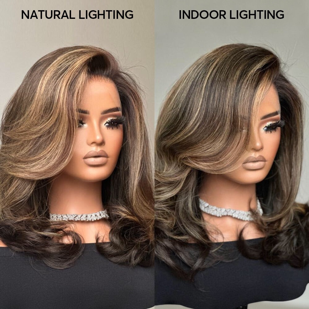 Blonde Highlight With Dark Brown Layered Wavy Lace Wig