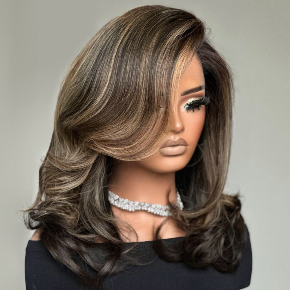 Blonde Highlight With Dark Brown Layered Wavy Lace Wig