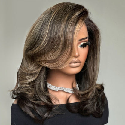 Blonde Highlight With Dark Brown Layered Wavy Lace Wig