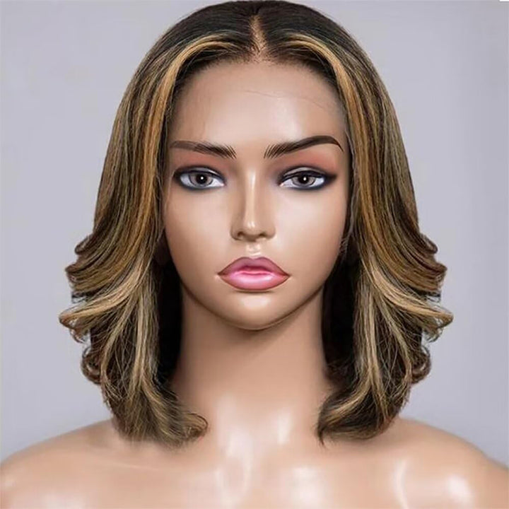 Gluless Short Bob Wavy Balayage Layer Cut Wig 13x4 Lace Front Wig Human Hair