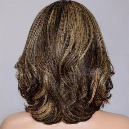 Gluless Short Bob Wavy Balayage Layer Cut Wig 13x4 Lace Front Wig Human Hair