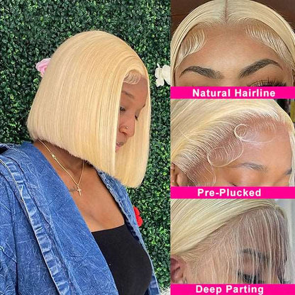 613 Blonde Short Bob Wigs Transparent Straight Hair 4×4 Lace Closure Wig 150% - Healthier Me Beauty, LLC