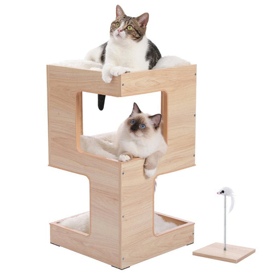 23" Wood Cat House Furniture for Indoor Cats, Modern Cat Tree Tower Bed with Free Cat Toy, Scratching Pad and Removable Soft Mats, Small Cat Condo, Beige - Healthier Me Beauty, LLC