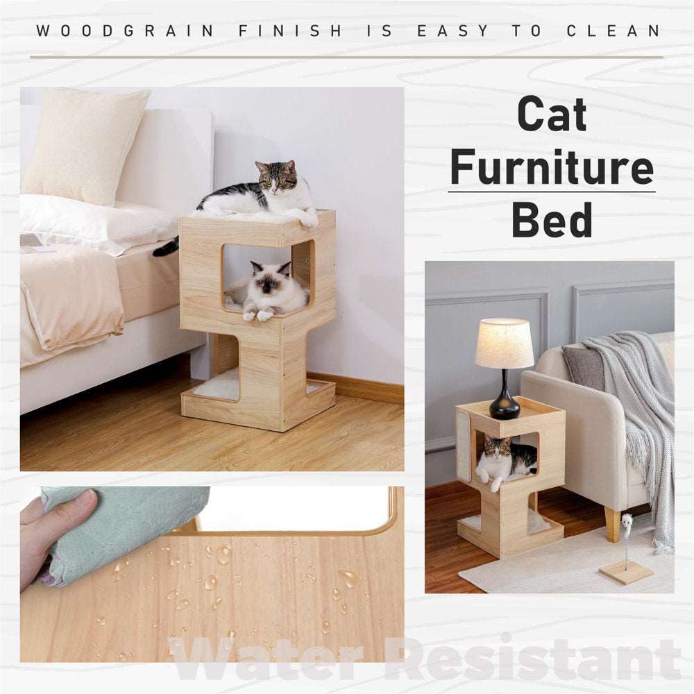 23" Wood Cat House Furniture for Indoor Cats, Modern Cat Tree Tower Bed with Free Cat Toy, Scratching Pad and Removable Soft Mats, Small Cat Condo, Beige - Healthier Me Beauty, LLC