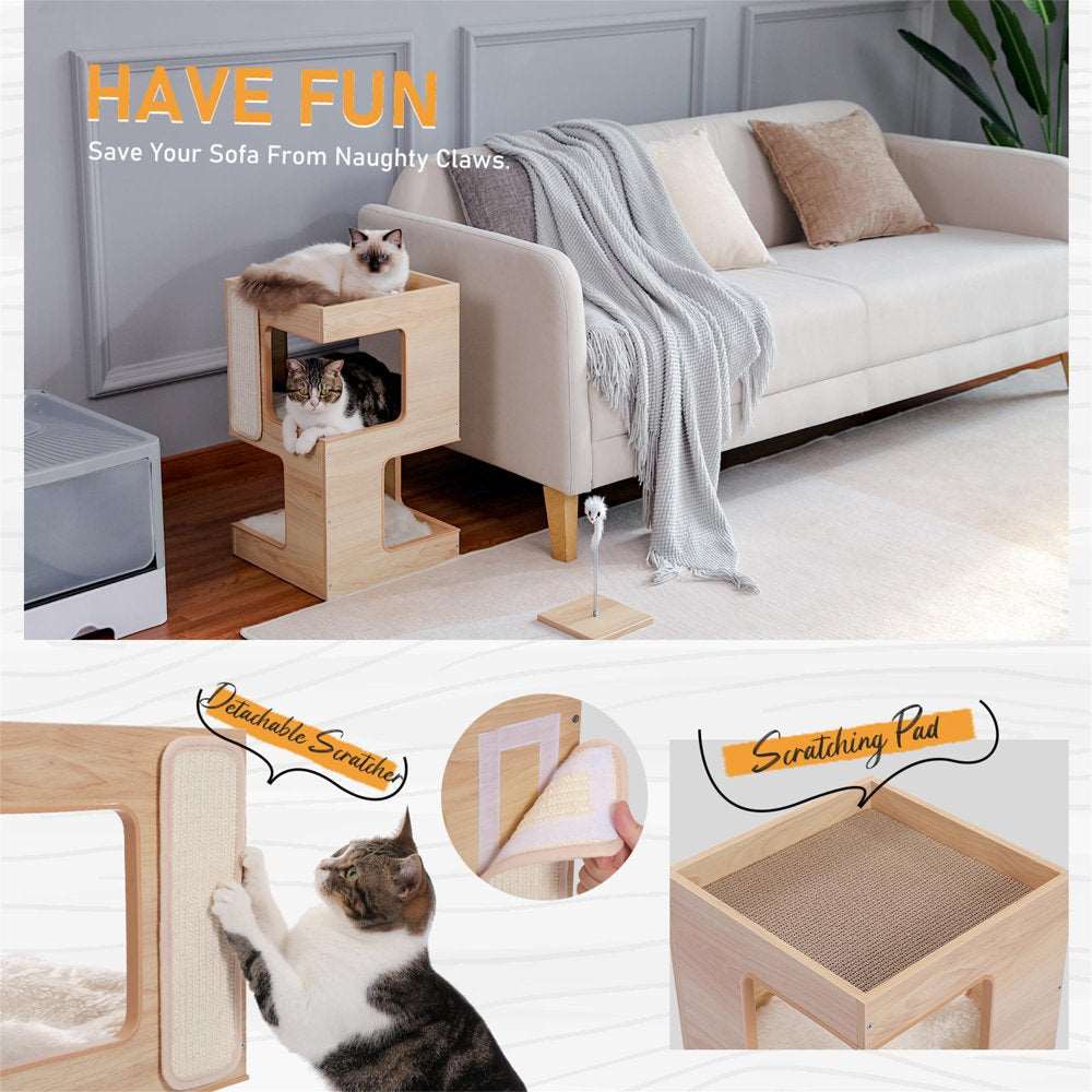 23" Wood Cat House Furniture for Indoor Cats, Modern Cat Tree Tower Bed with Free Cat Toy, Scratching Pad and Removable Soft Mats, Small Cat Condo, Beige - Healthier Me Beauty, LLC