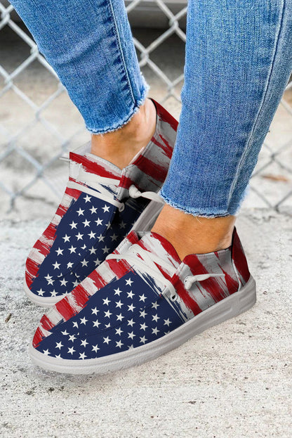 Red Fourth of July Flag Pattern Lace-up Flat Shoes