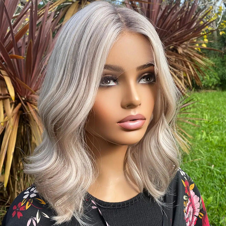 Platinum Ash Blonde Shoulder Wavy Human Hair Bob Wigs Lace Front Wig 13x6 Preplucked Wig