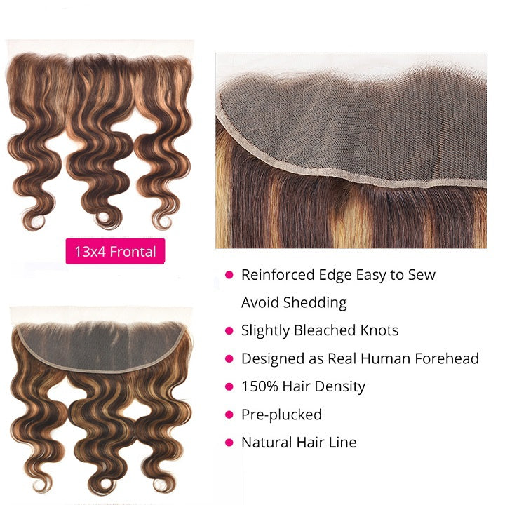 Highlight Brown Honey P4/27 Body Wave Hair 3 Bundles With 13x4 Lace Frontal Human Hair
