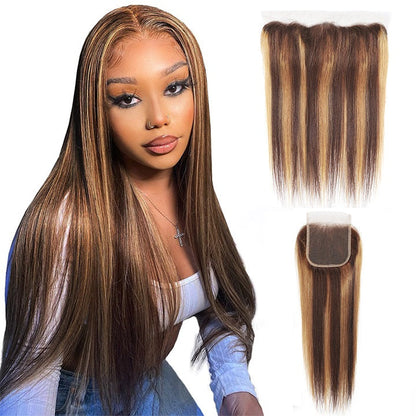 Highlight Brown Straight Frontal Honey Blonde 4x4 Lace Closure Brazilian Straight Hair 13x4 Lace Frontal Ombre Colored 100% Remy Human Hair