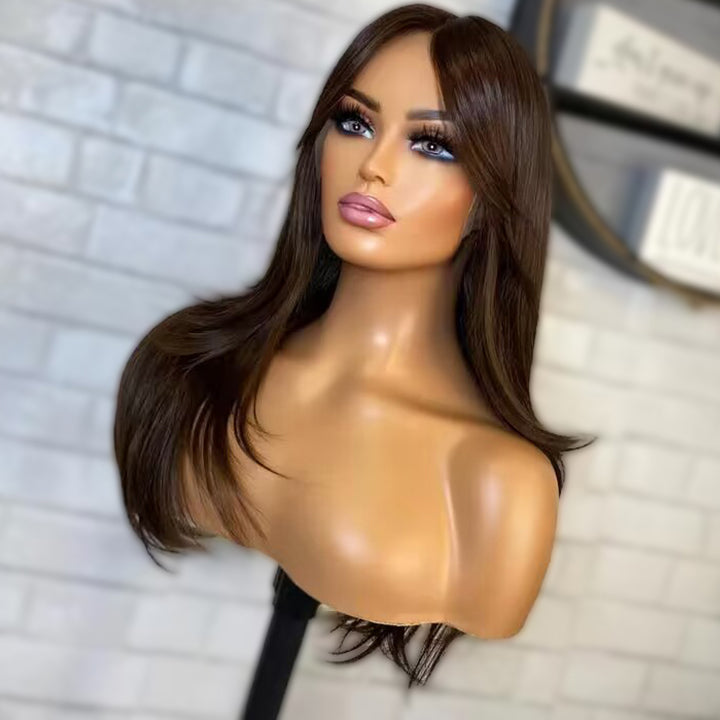 Chocolate Brown Layers Curtain Bangs Straight 9x6 Pre Cut Lace Wig
