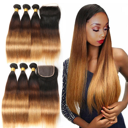T1B/4/30 Straight Hair 3 Bundles With Closure Human Hair Weaves