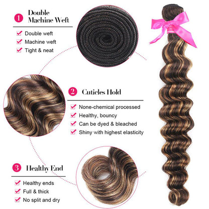 P4/27 Highlight Brown Honey Loose Deep Wave Hair 3 Bundles With 13x4 Lace Frontal Human Hair