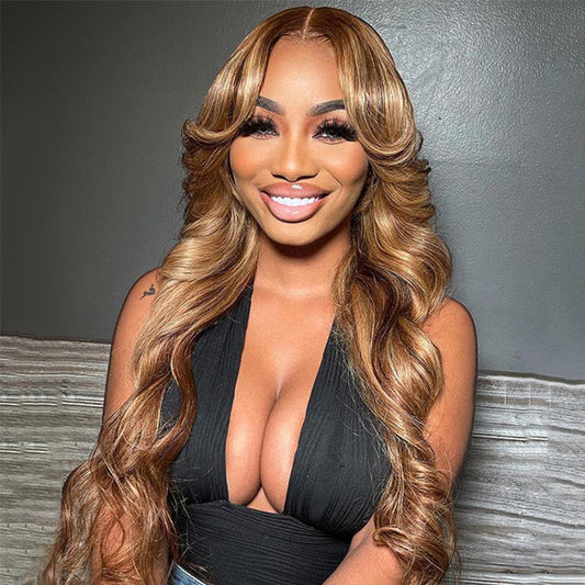 Curtain Bangs Highlight Honey Brown Loose Wavy 13x5 Pre Cut Lace Front Glueless Wig
