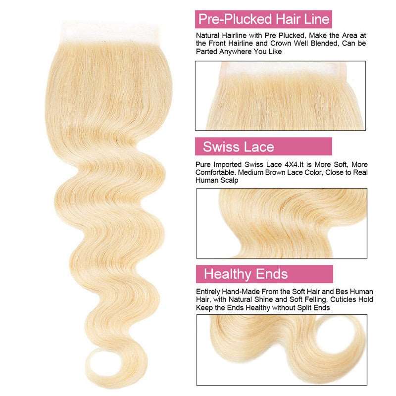 3 Bundles 613 Blonde Body Wave Human Hair With 4x4 Lace Closure - Healthier Me Beauty, LLC