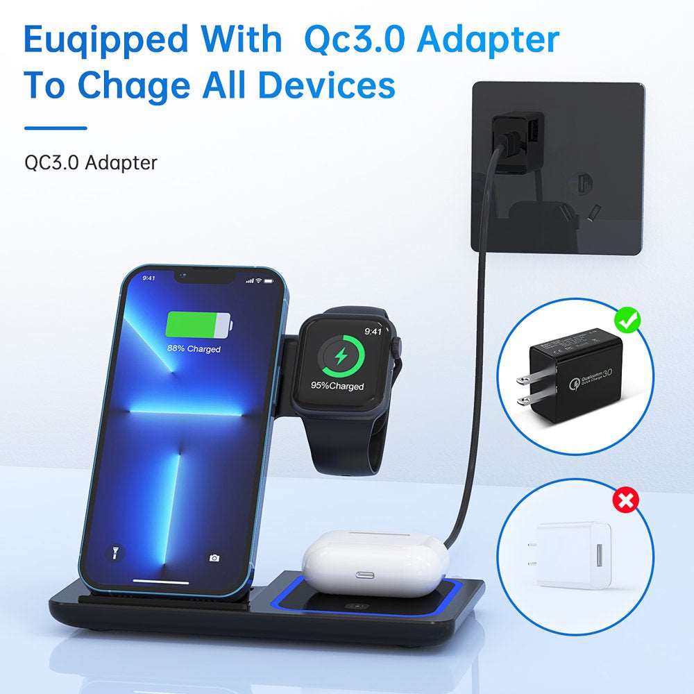 3 in 1 Wireless Charger, 18W Fast Charger Pad Stand Charging Station Dock for Iwatch Series SE 8/7/6/5/4/3 Airpods Pro/3/2 for Iphone 15/14/13/12 /11/Pro Max/12 Mini /XR (With QC3.0 Adapter) - Healthier Me Beauty, LLC