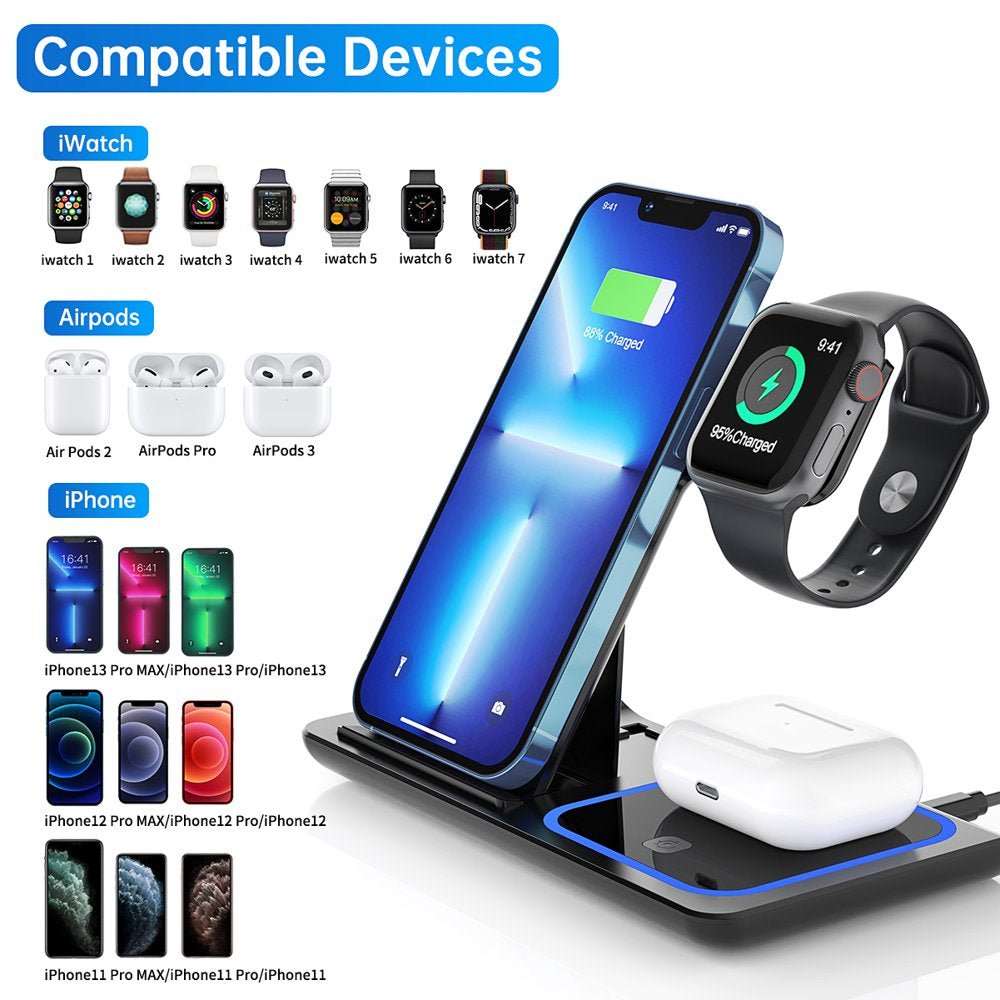 3 in 1 Wireless Charger, 18W Fast Charger Pad Stand Charging Station Dock for Iwatch Series SE 8/7/6/5/4/3 Airpods Pro/3/2 for Iphone 15/14/13/12 /11/Pro Max/12 Mini /XR (With QC3.0 Adapter) - Healthier Me Beauty, LLC