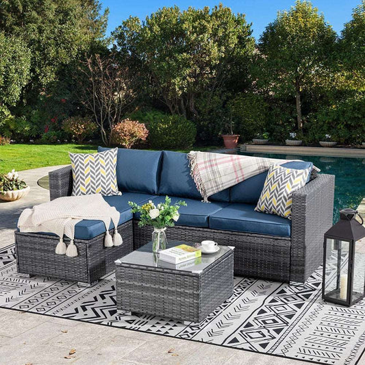 3 Piece Aegean Blue Outdoor Furniture Sectional Sofa Patio Set Silver Gray Rattan Wicker - Healthier Me Beauty, LLC