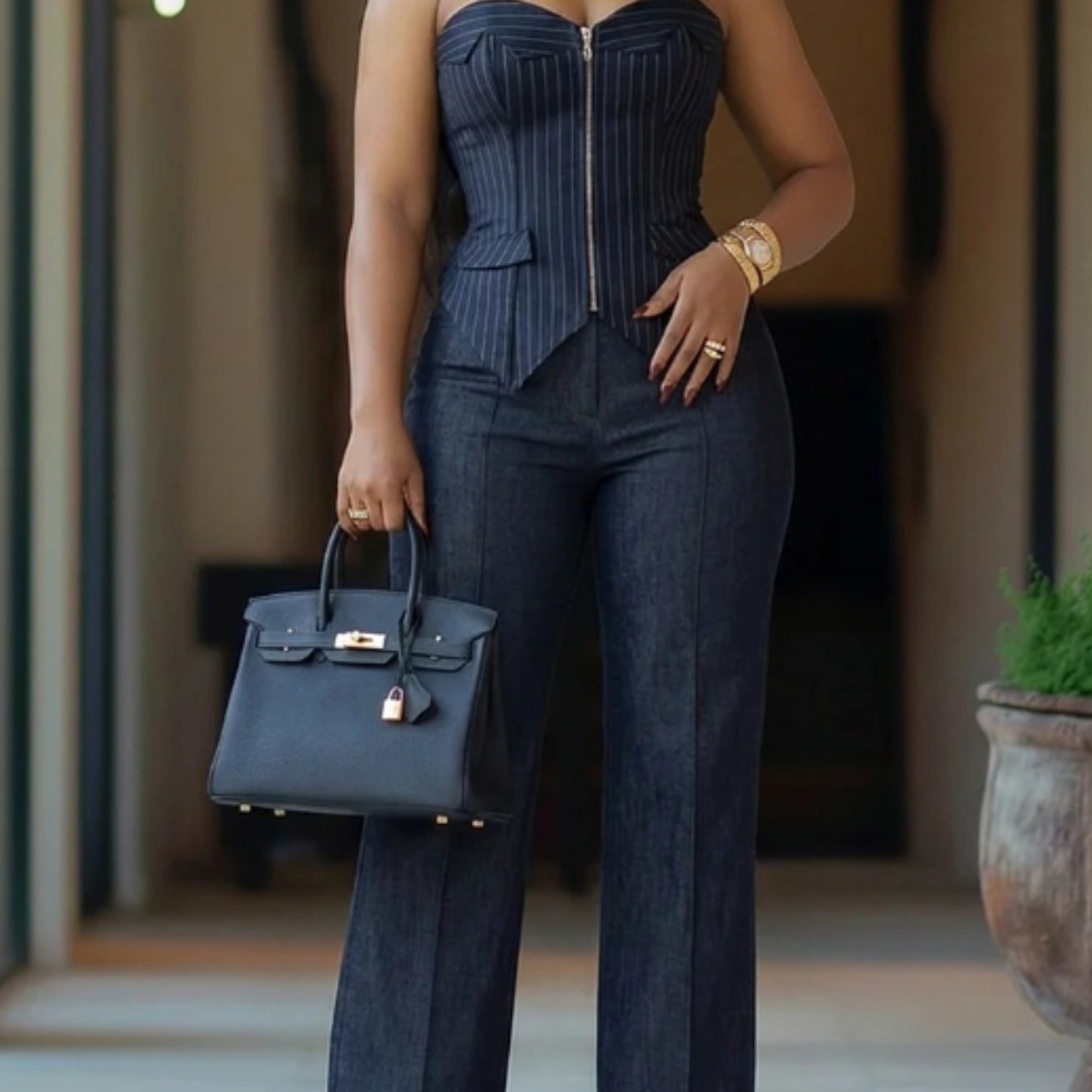 Navy Striped Strapless Waist-Cinched Top + Wide-Leg Pants