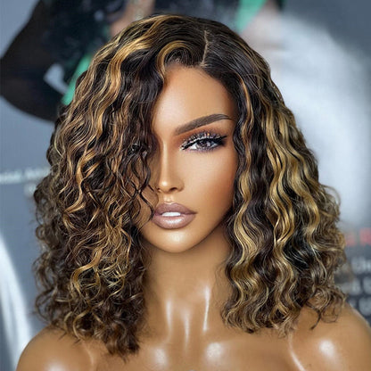 Highlight Honey Blonde Short Curly Wigs 13x4 Lace Front Bob Wig Glueless Human Hair Wig