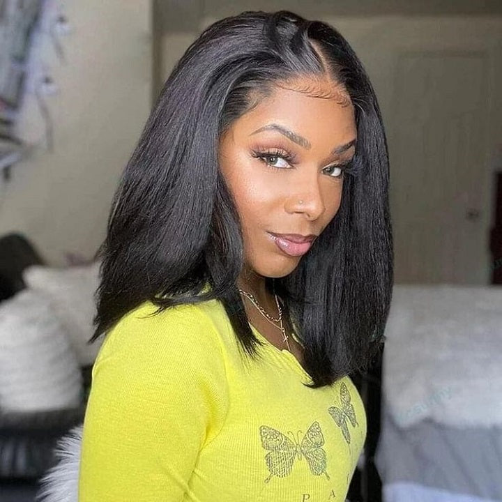 Yaki Kinky Straight Bob Wigs Human Hair Pre Bleached Invisible Knots 7x5 Lace Front Wigs Pre Everything Glueless Wigs Pre Cut Lace