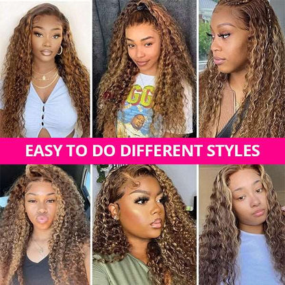 Honey Blonde Highlight Curly Wave Glueless Wigs 13x4 Lace Front Wigs Piano Colored Human Hair Wig - Healthier Me Beauty, LLC